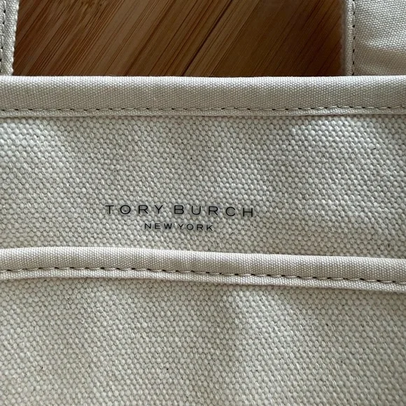 Tory Burch Cream & Navy Sturdy Canvas Tote w/ Navy Leather Handles - Picture 10 of 14
